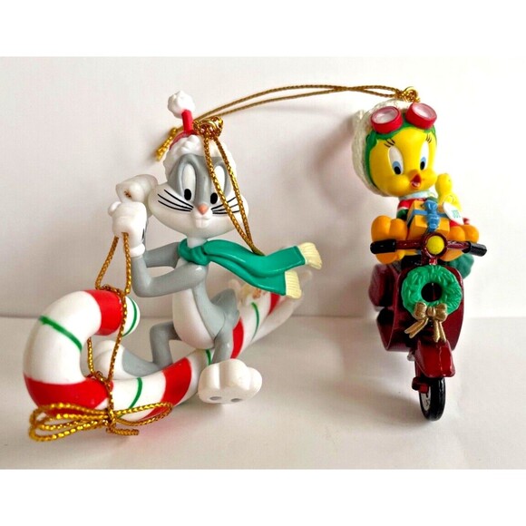 2 Looney Tunes Ornaments Bugs Buggy Candy Cane Tweety Bird Scooter Vintage - Picture 1 of 4